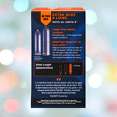 The image shows the back of a MyONE Extra Wide & Long 60K - 8" Long box, highlighting size details, features, a customer testimonial, and other available sizes. The blurred background features colorful lights.